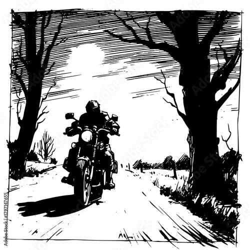 Blackandwhite Sketch Motorcyclist Rural Treelined Road