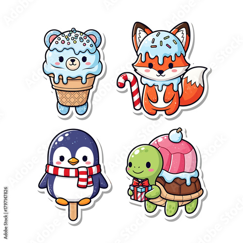 Cute cartoon stickers featuring a bear, fox, penguin, and turtle with ice cream treats.