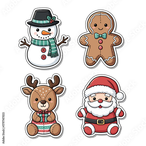 Cute Christmas-themed stickers featuring a snowman, gingerbread man, reindeer, and Santa Claus.