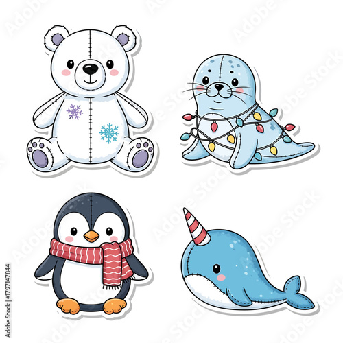 Cute cartoon arctic animals plush toys set including polar bear, seal, penguin, and narwhal, perfect for winter themes.