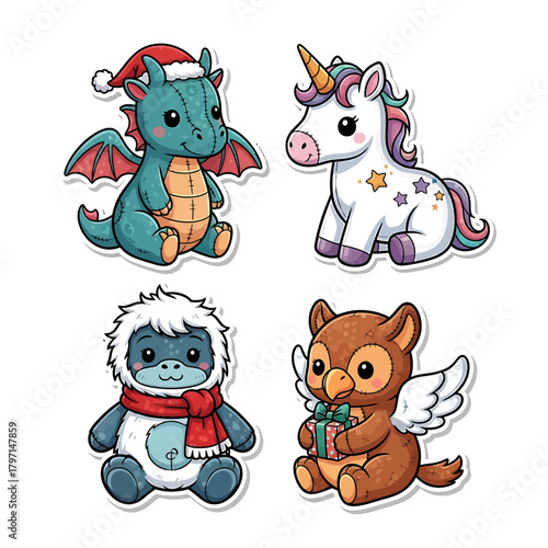 Adorable cartoon stickers featuring a dragon, unicorn, yeti, and griffin, all in a cute style.