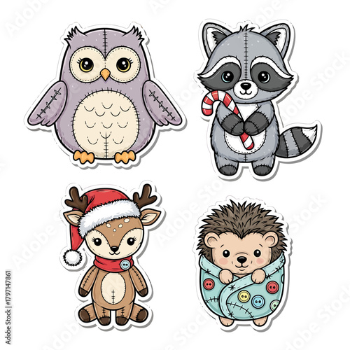 Cute cartoon animals: owl, raccoon, deer, and hedgehog, in a sticker style.