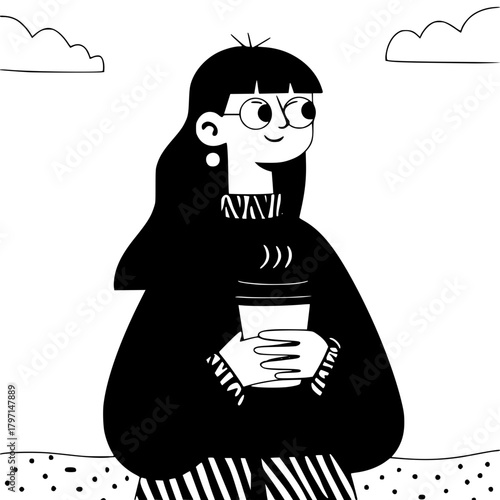 Woman Enjoying Hot Drink Outdoors Cloudy Day