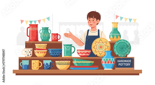 A pottery vendor is showcasing his handmade ceramic wares at a market stall