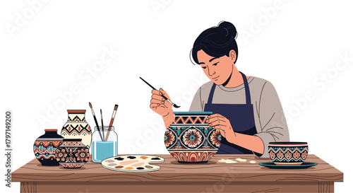 A skilled artist is meticulously painting intricate patterns onto a ceramic vase, showcasing her talent and dedication to the craft