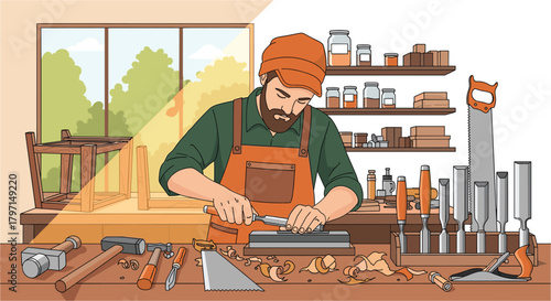A skilled carpenter honing a chisel in his workshop, surrounded by tools and wood, with natural light streaming through the window, creating a cozy and productive atmosphere