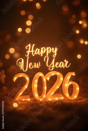 A warm holiday-themed design with glowing garlands and soft bokeh celebrating New Year 2026.