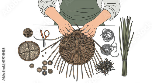 Overhead view of hands weaving a basket with natural materials, , showcasing the intricate process and the beauty of handmade craftsmanship