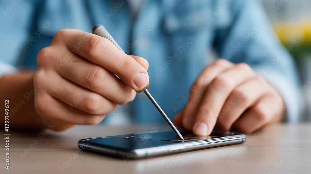Fototapeta premium Technician repairing broken smartphone with screwdriver defocused disassembly, faceless repair process, smart phone visualization, blurred hands background, fixing concept, service