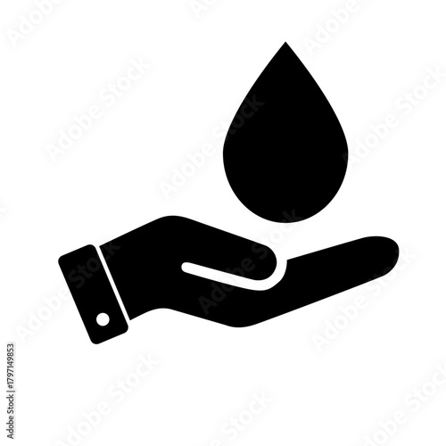 Hand holding a water drop black silhouette vector icon for conservation, purity, and hygiene