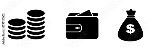 Money, finance, and banking black silhouette vector icons: coin stack, wallet, and dollar currency bag