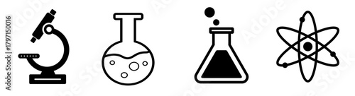 Science and laboratory equipment black line vector icons: microscope, flask, beaker, and atom symbol set