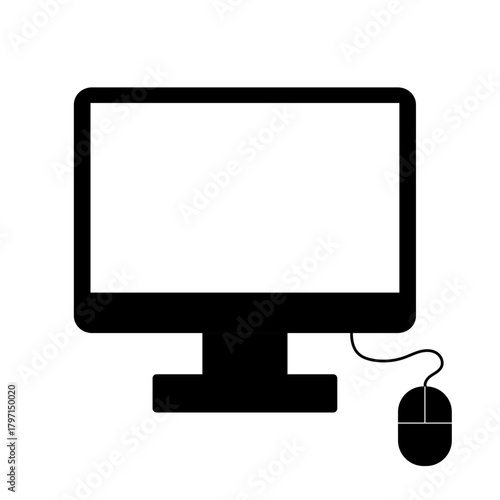 Simple desktop computer monitor and wired mouse black silhouette vector icon on transparent background