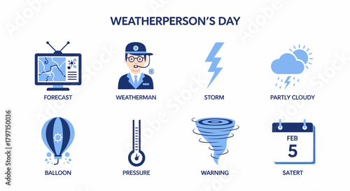 Eight blue and white weatherrelated icons with labels under the title WEATHERPERSONS DAY
