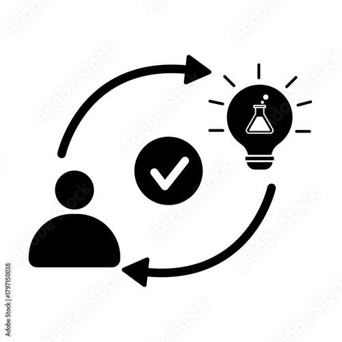 Scientific idea vector: light bulb with laboratory flask icon, symbol of innovation, chemistry solution, and breakthrough research outline