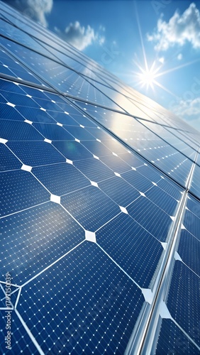 Blue Solar Panels Reflecting Bright Sunlight On Clean Surface Generating Renewable Energy Under Clear Sky