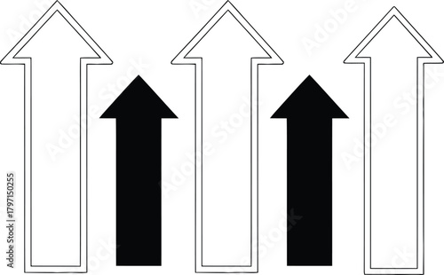 Three white outline arrows and two solid black arrows are oriented upward in sequence