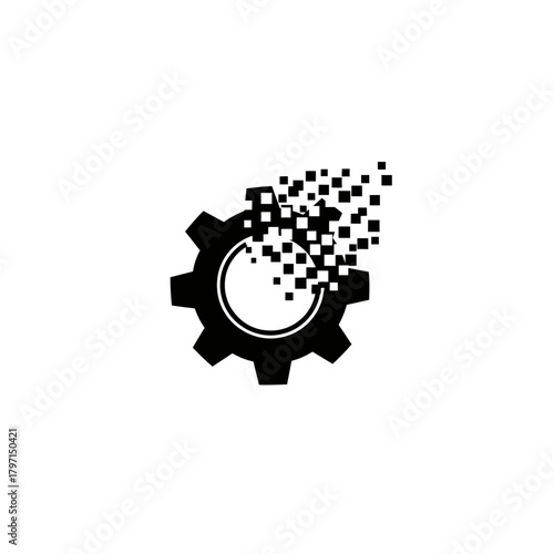 A black gear with a white inner circle, part of it fragmented into small black squares on white