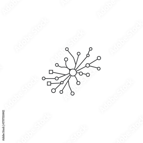 Graphic with a central node connected to surrounding nodes via lines; includes squares and circles