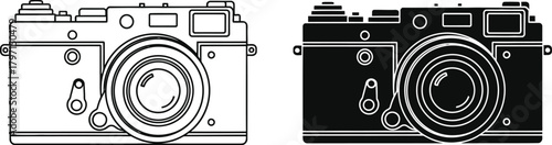 Two vintage cameras, one with outline and another silhouette, are showcased, isolated on white