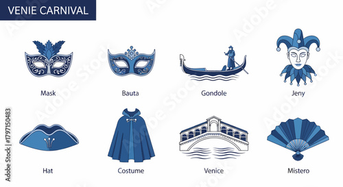 Eight blue icons representing Venetian Carnival elements including masks gondola and landmarks