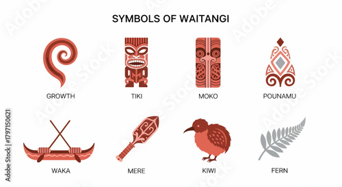 Eight symbols of Waitangi displayed with labels in a graphic layout