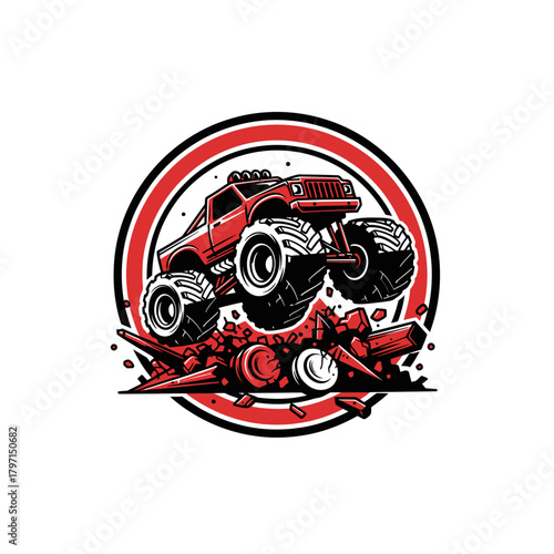 A red off-road truck jumps, crushing debris, within a red and black circular frame