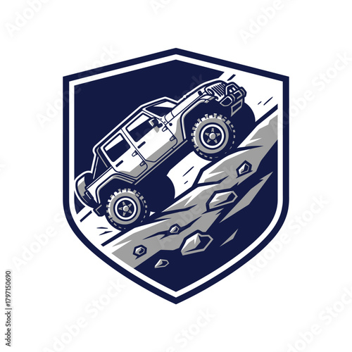A stylized illustration features an off-road vehicle climbing a rocky incline within a shield