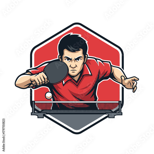 A stylized illustration depicting a table tennis player in action with racket, ball, and net