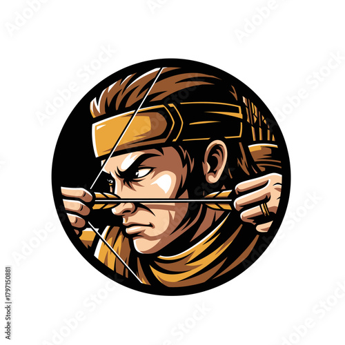 A warrior figure in a circular emblem, drawing a bow with an arrow, focused expression, gold accents
