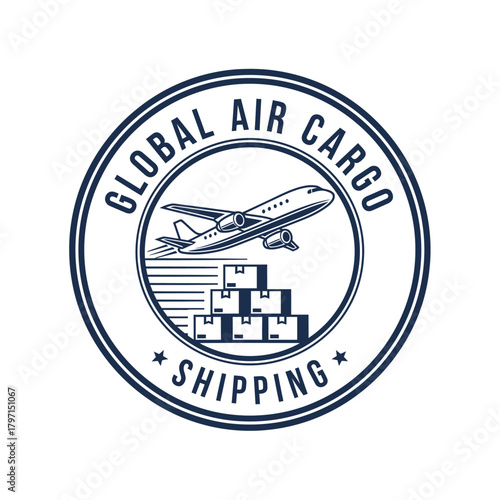 A circular blue and white logo features a jet above stacked boxes. Words circle the outer edge