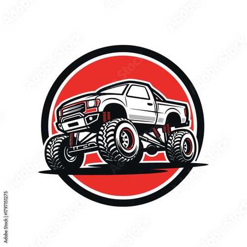 A stylized illustration of a monster truck inside a red circle with a black border