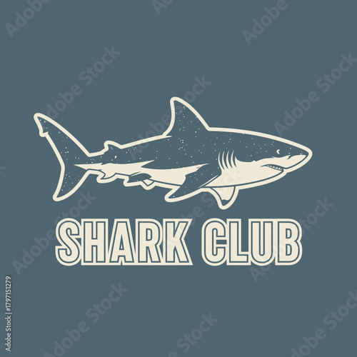 A stylized illustration depicting a shark with a distressed texture, accompanied by the text "SHARK CLUB