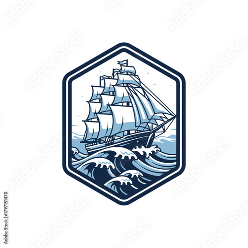A tall sailing vessel navigates turbulent ocean waves, framed in a hexagon