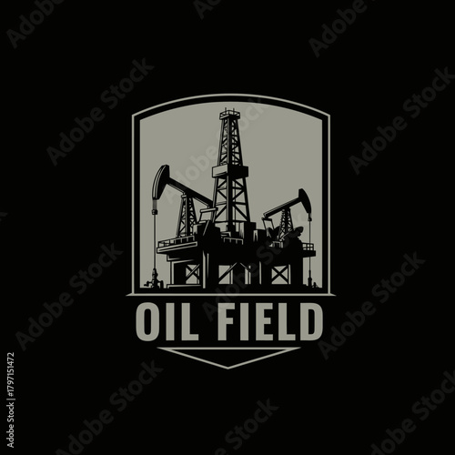 A grayscale illustration of an oil field platform with derricks and pumpjacks. A black backdrop