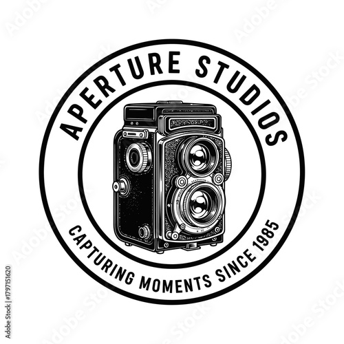 Vintage twin-lens reflex camera illustration inside a circular border, with text around the camera