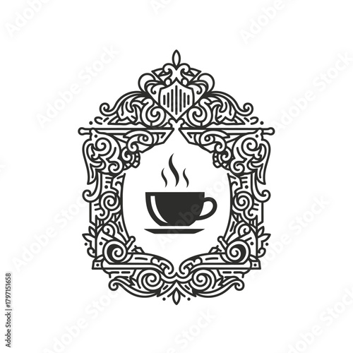 A grayscale ornamental illustration showcasing a stylized coffee cup within an elaborate decorative frame
