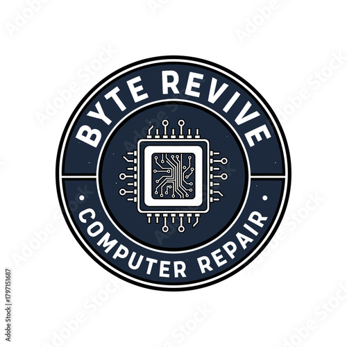 A circular logo featuring a stylized circuit board within a dark blue circle, with text around