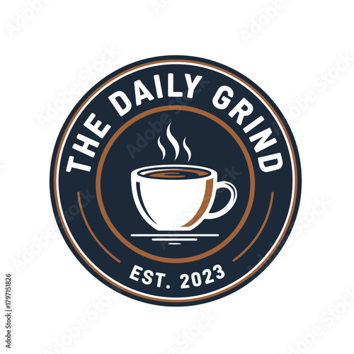 A circular graphic featuring a coffee cup with steam, set in a blue and brown ring