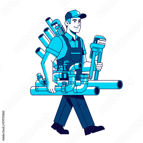 A cartoon plumber, carrying pipes and a wrench, walks with purpose and a slight smile