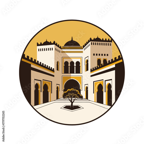 Stylized illustration of an ornate courtyard and buildings inside a circle, featuring an arched entrance