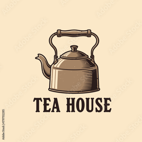 Vintage-style illustration of a tea kettle, with handle, spout, and text "TEA HOUSE" below it