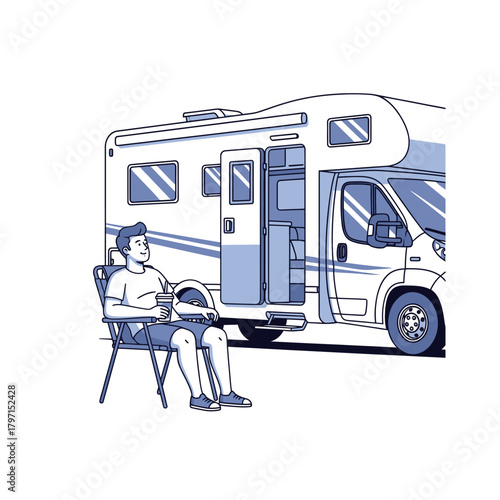 A man relaxes in a chair with a cup near a RV, featuring open door and wheels
