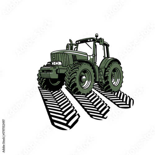 A cartoon tractor, colored olive-green, leaves patterned tire tracks over a blank background
