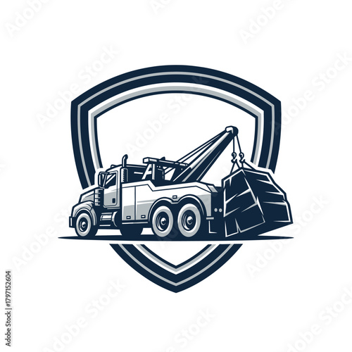 Stylized illustration of a tow truck lifting a load, enclosed within a shield-shaped graphic