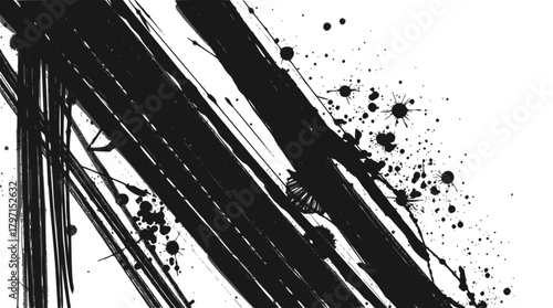 Abstract black ink brush strokes and splatters on