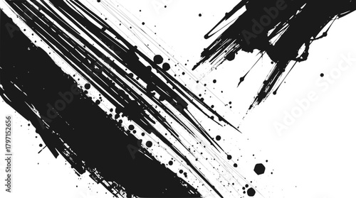 Abstract black ink brush strokes and splatters on