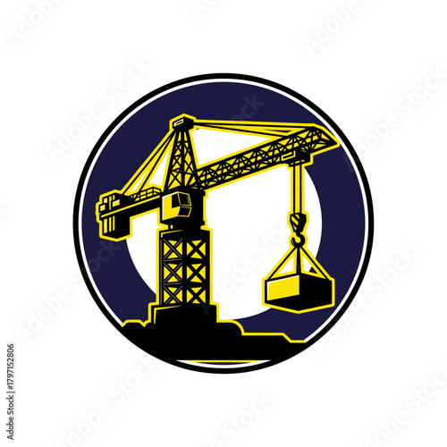 A construction crane, yellow and black, lifting a yellow box within a navy blue circle
