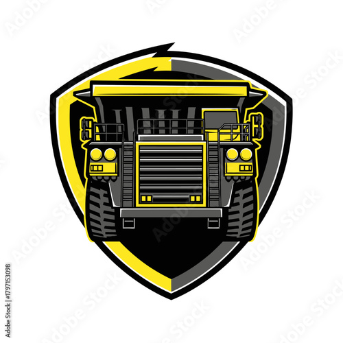 A frontal view of a yellow and gray industrial dump truck is centered inside of a crest-like design