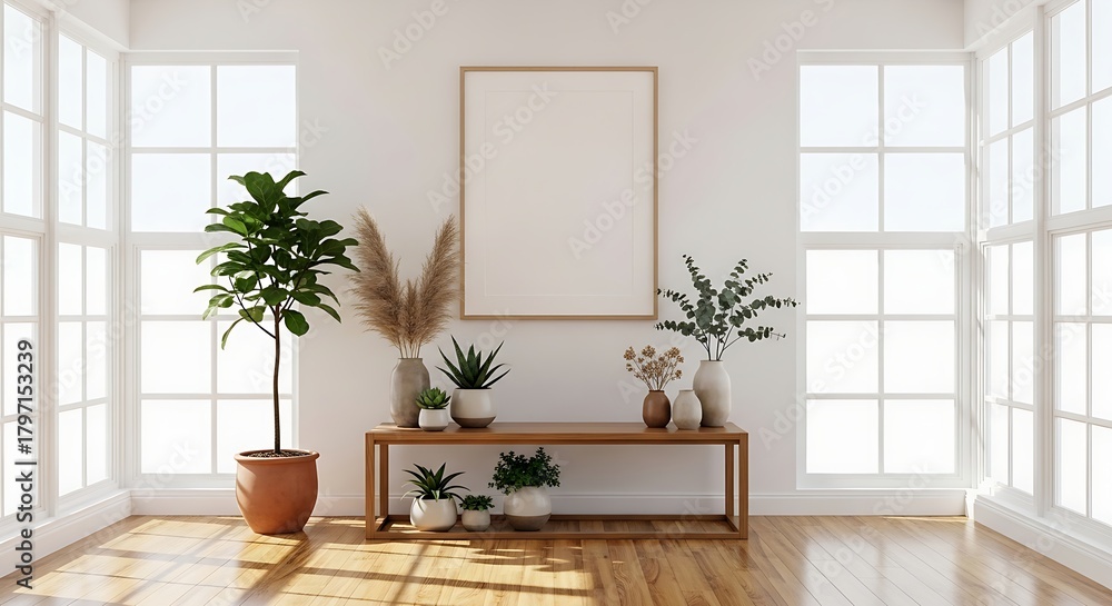 Fototapeta premium Minimalist entryway or room staging with numerous tall windows and a centerpiece blank picture frame